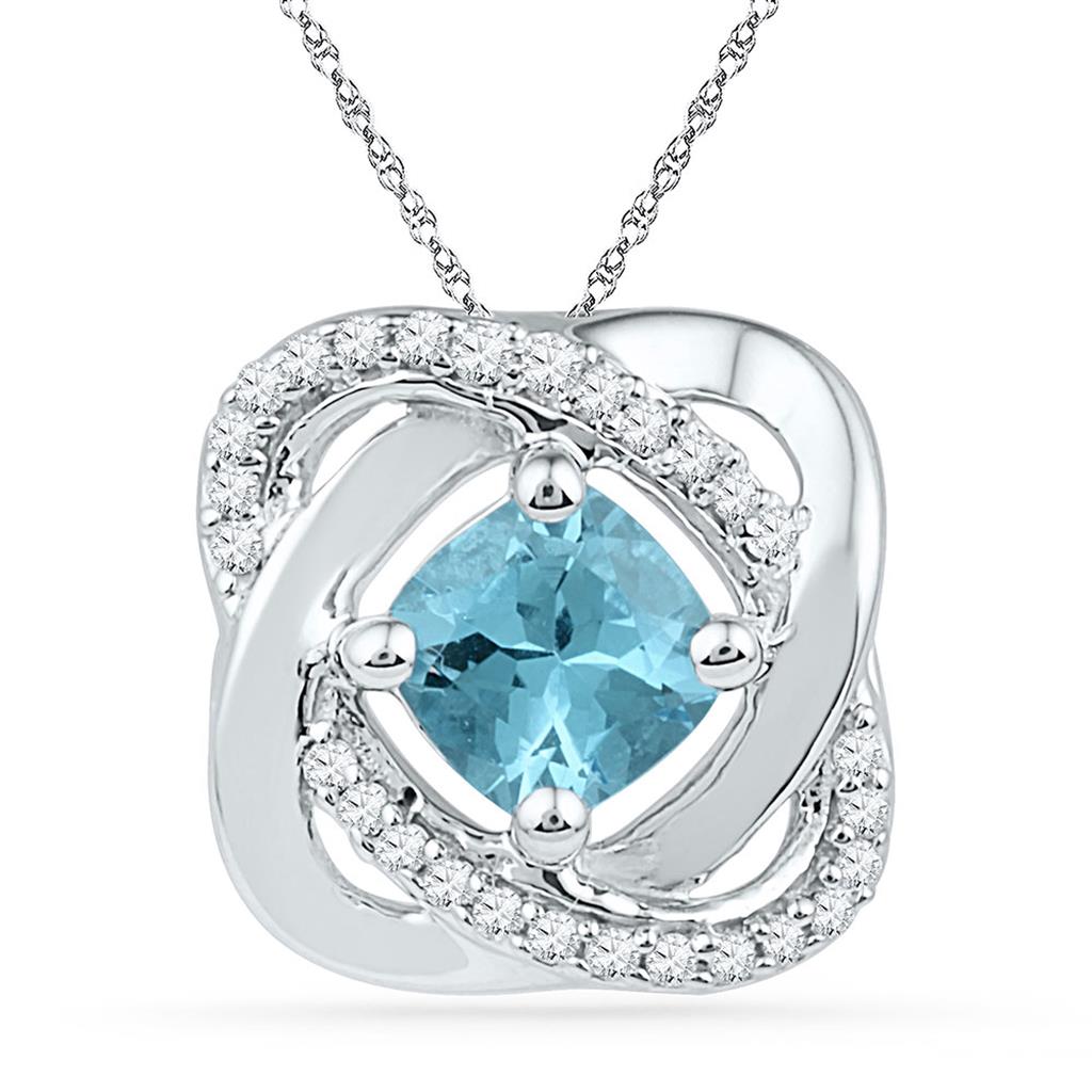 14k White Gold Princess Created Blue Topaz Solitaire Diamond Pendant 3/4 Cttw