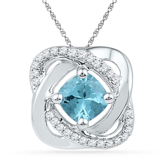 14k White Gold Princess Created Blue Topaz Solitaire Diamond Pendant 3/4 Cttw