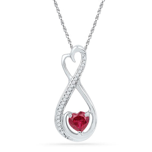 14k White Gold Heart Created Ruby Solitaire Diamond Infinity Pendant 5/8 Cttw