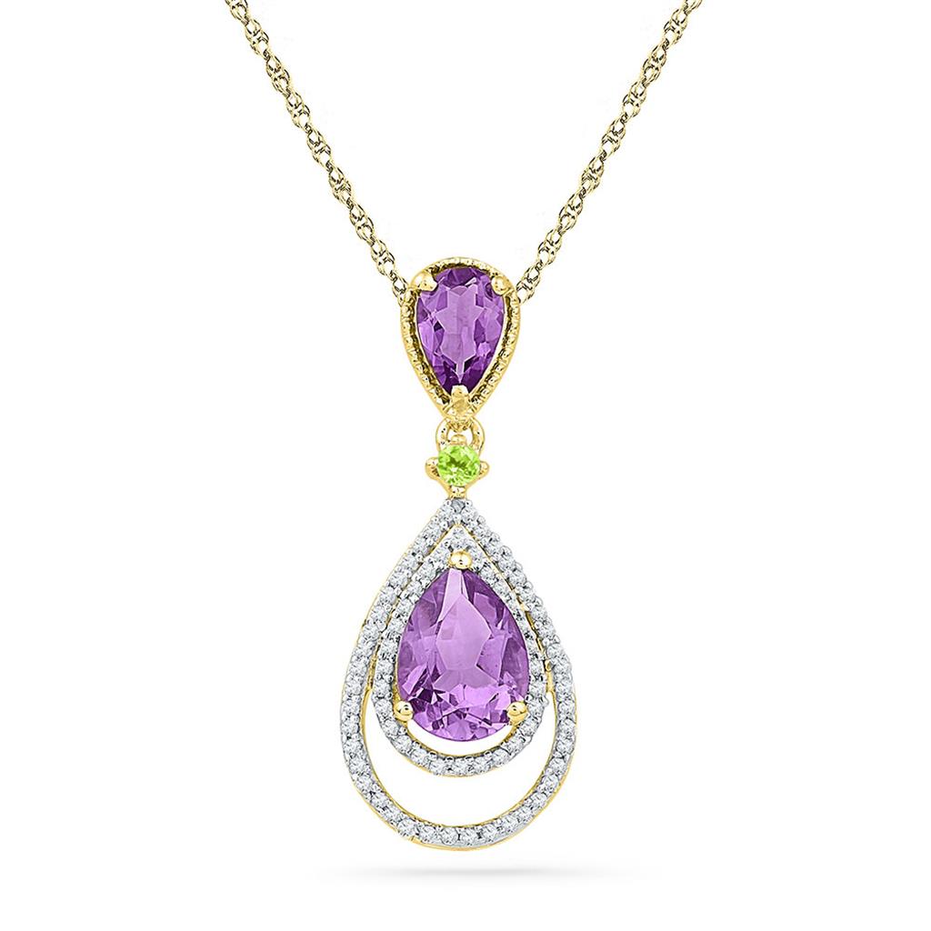 10k Yellow Gold Oval Created Amethyst Diamond Teardrop Pendant 1-1/2 Cttw