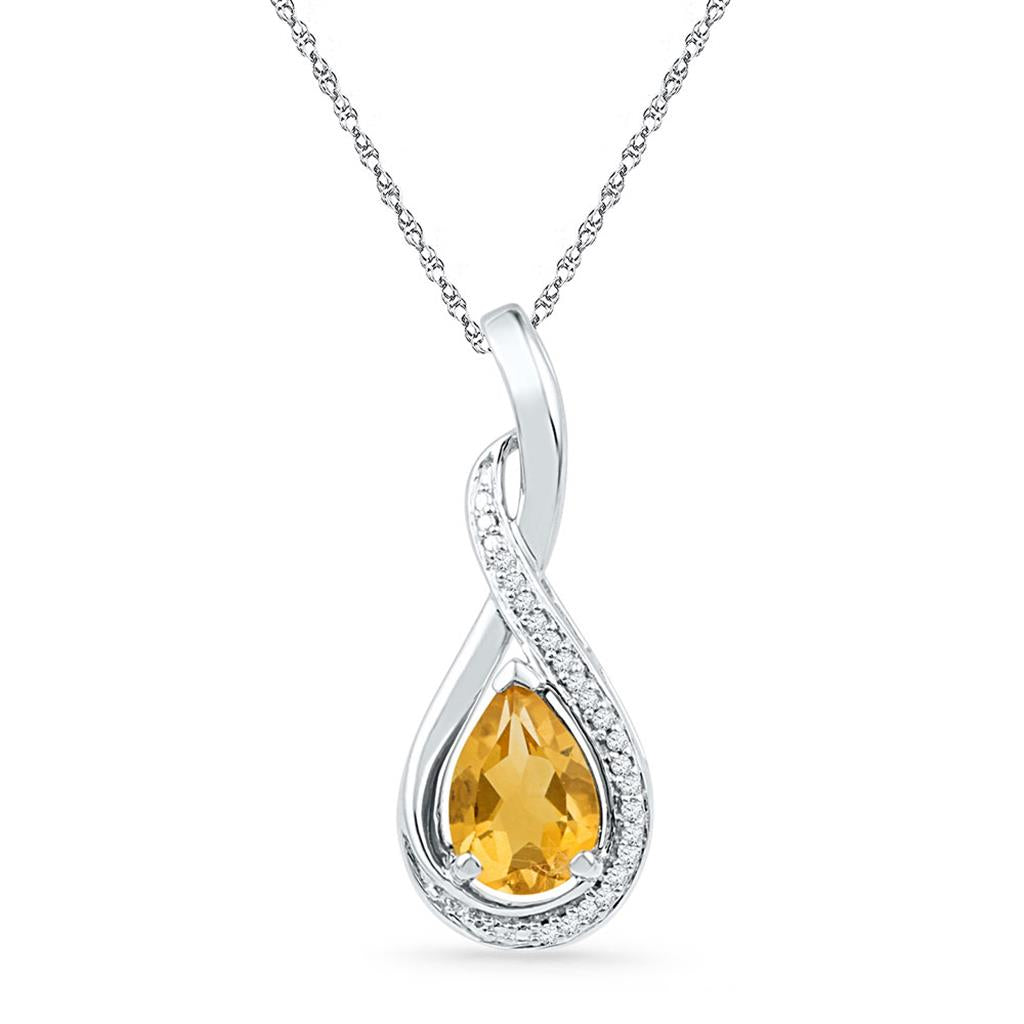 14k White Gold Pear Created Citrine Solitaire Diamond Pendant 1 Cttw