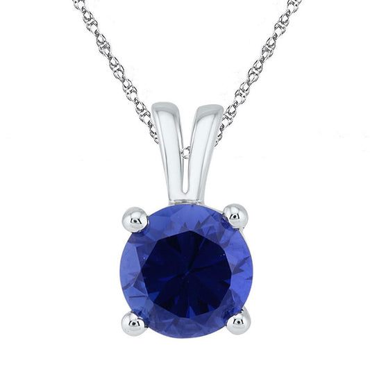 14k White Gold Round Created Blue Sapphire Solitaire Pendant 1-1/3 Cttw