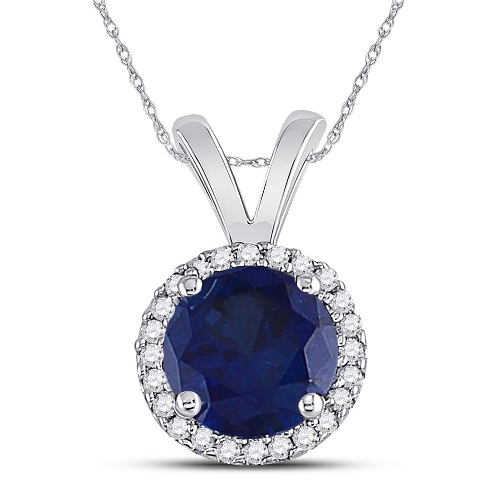 14k White Gold Round Created Blue Sapphire Solitaire Pendant 1 Cttw