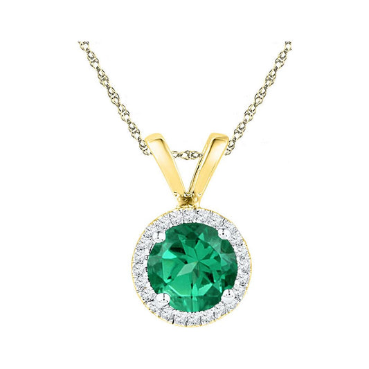 10k Yellow Gold Created Emerald Solitaire Diamond Halo Pendant 7/8 Cttw