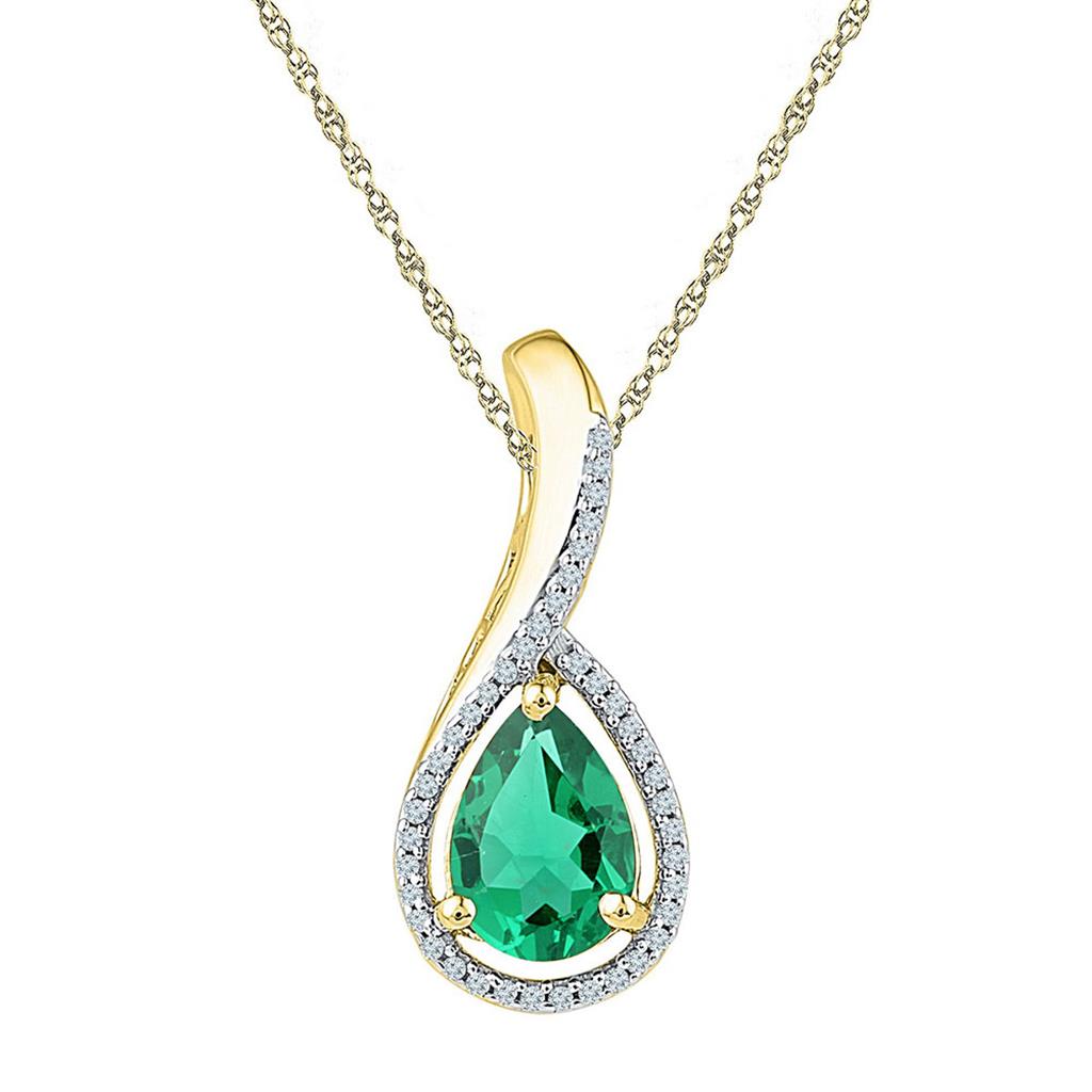 10k Yellow Gold Pear Created Emerald Solitaire Diamond Pendant 2 Cttw