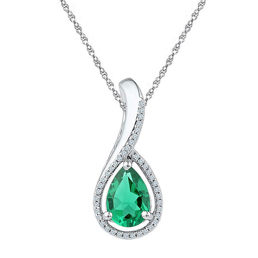 14k White Gold Pear Created Emerald Solitaire Pendant 2 Cttw