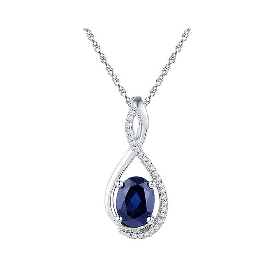 14k White Gold Oval Created Blue Sapphire Solitaire Pendant 1-5/8 Cttw