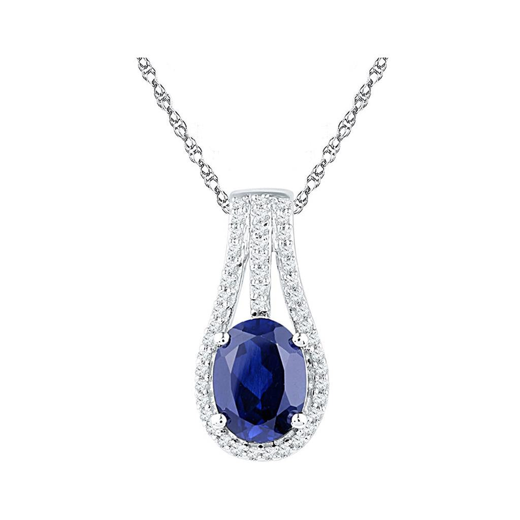 14k White Gold Oval Created Blue Sapphire Solitaire Diamond Pendant 1-3/4 Cttw