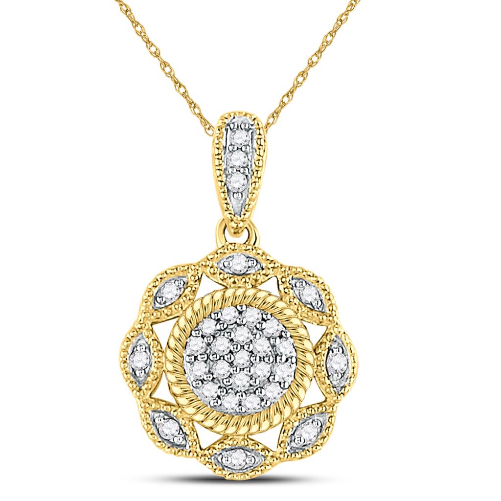 10k Yellow Gold Round Diamond Milgrain Rope Cluster Pendant 1/10 Cttw