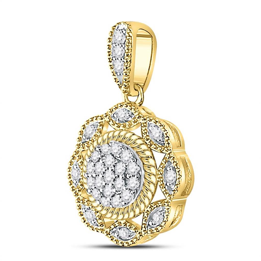 10k Yellow Gold Round Diamond Milgrain Rope Cluster Pendant 1/10 Cttw