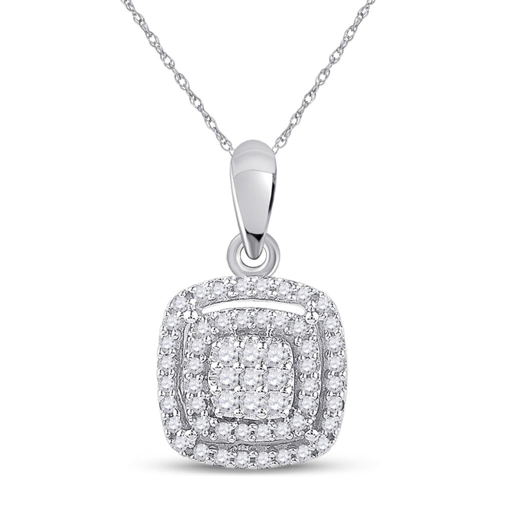 14k White Gold Round Diamond Square Frame Cluster Pendant 1/4 Cttw