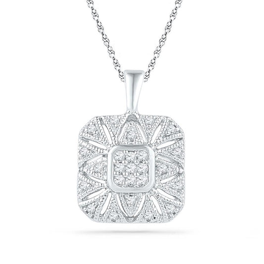 14kt White Gold Round Diamond Square Cluster Pendant 1/6 Cttw