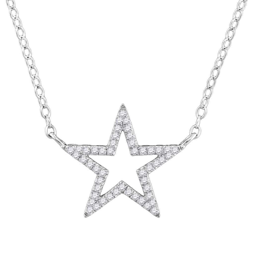 14k White Gold Diamond Star Outline Pendant Necklace with 18"" Chain 1/8 Cttw