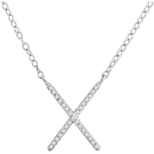 14k White Gold Round Diamond Letter X Cross Pendant Necklace 1/10 Cttw