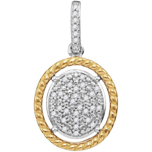 10k Two-tone Gold Diamond Oval Cluster Rope Frame Pendant 1/12 Cttw