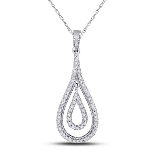 14k White Gold Round Diamond Double Nested Teardrop Pendant 1/4 Cttw