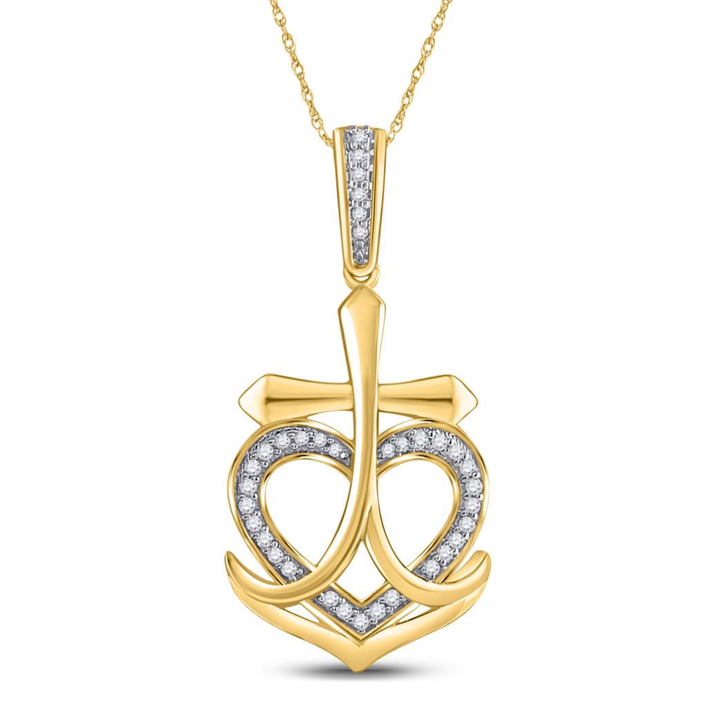 10k Yellow Gold Round Diamond Heart Cross Anchor Pendant 1/10 Cttw