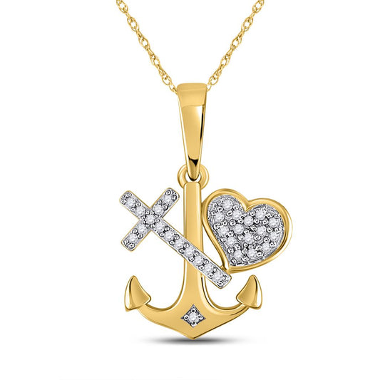 10k Yellow Gold Round Diamond Heart Cross Anchor Pendant 1/12 Cttw