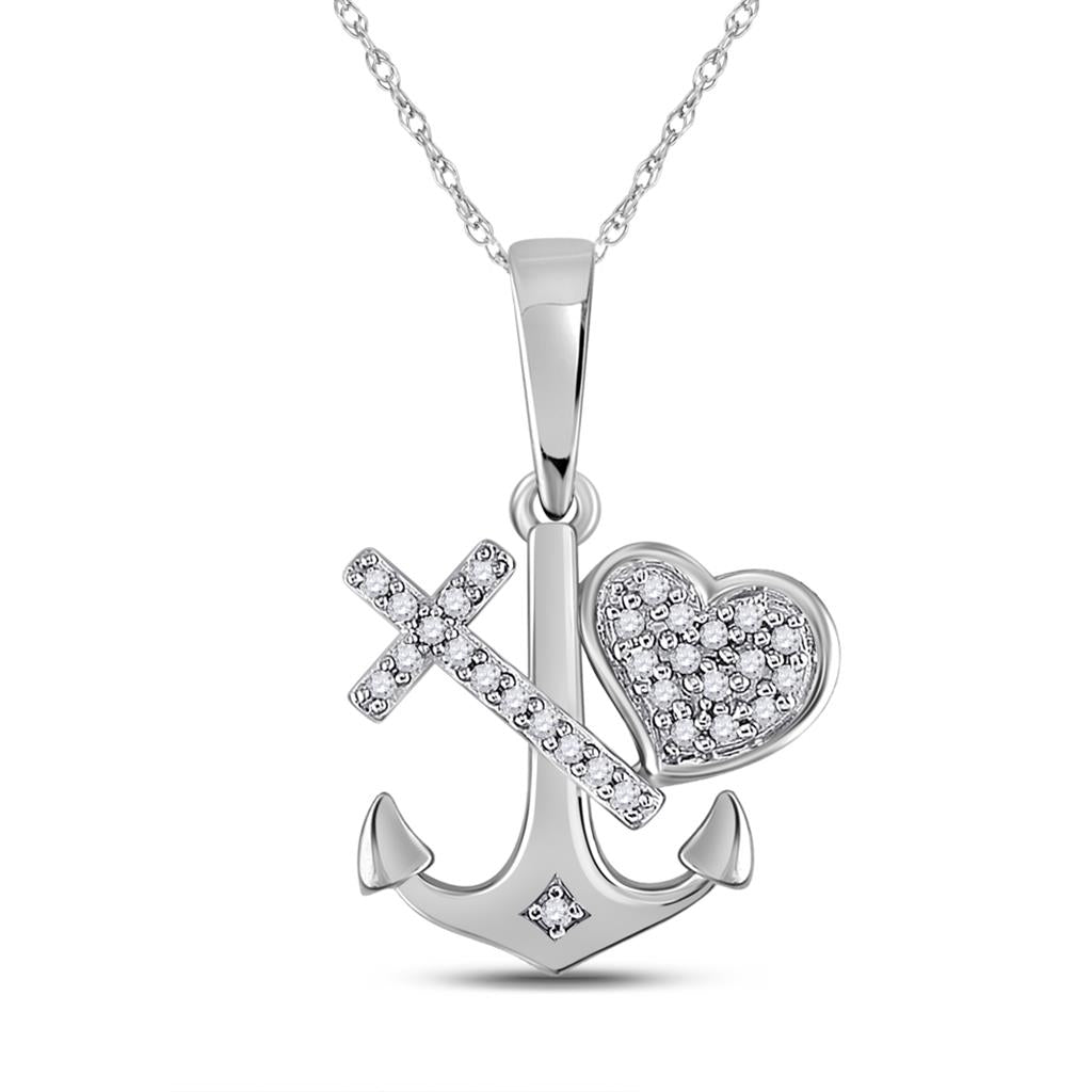 14k White Gold Round Diamond Anchor Cross Heart Pendant 1/12 Cttw