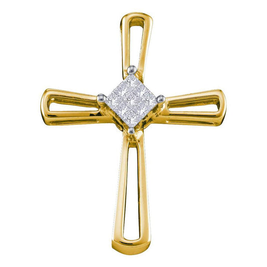 14k Yellow Gold Princess Diamond Cross Pendant 1/10 Cttw