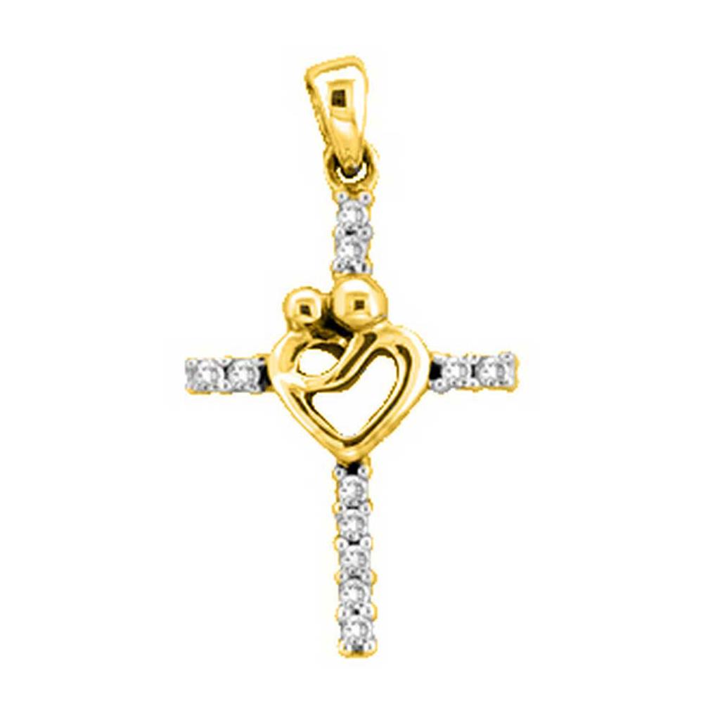 10k Yellow Gold Round Diamond Mom Mother Child Cross Pendant 1/10 Cttw