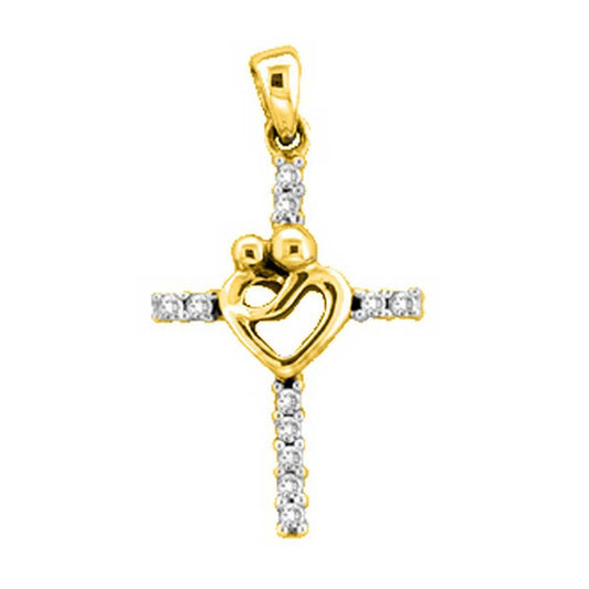 10k Yellow Gold Round Diamond Mom Mother Child Cross Pendant 1/10 Cttw