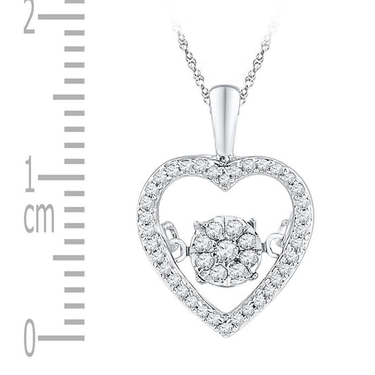 14k White Gold Round Diamond Cluster Moving Twinkle Heart Pendant 1/5 Cttw