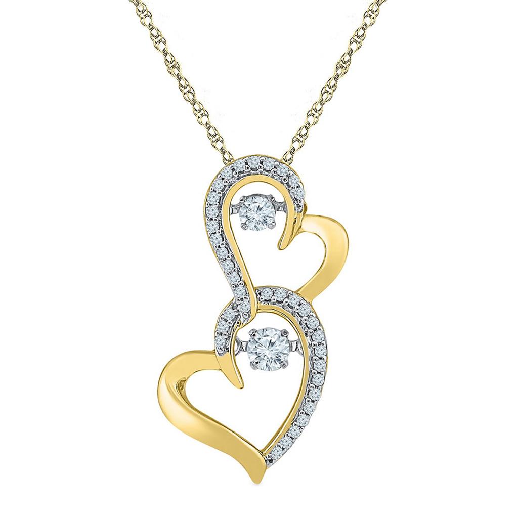 10k Yellow Gold Round Diamond Twinkle Solitaire Double Heart Pendant 1/4 Cttw