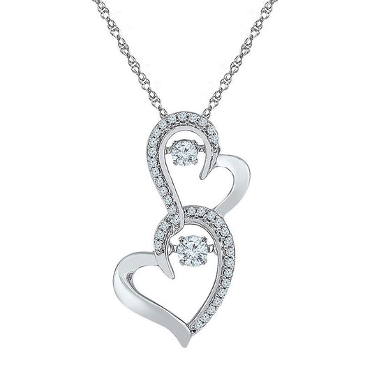 14k White Gold Round Diamond Twinkle Solitaire Double Heart Pendant 1/4 Cttw