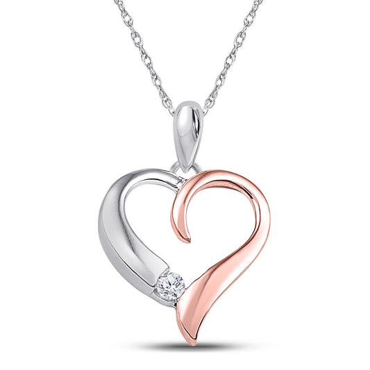 14k White Gold Round Diamond Rose-tone Heart Solitaire Pendant 1/12 Cttw