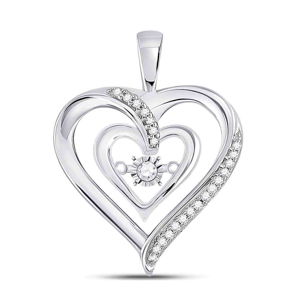 14k White Gold Round Diamond Moving Twinkle Solitaire Heart Pendant 1/10 Cttw