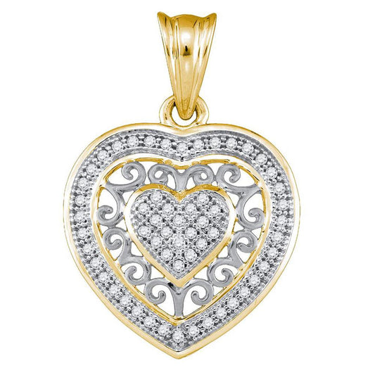 10k Yellow Gold Round Diamond Openwork Heart Cluster Pendant 1/6 Cttw