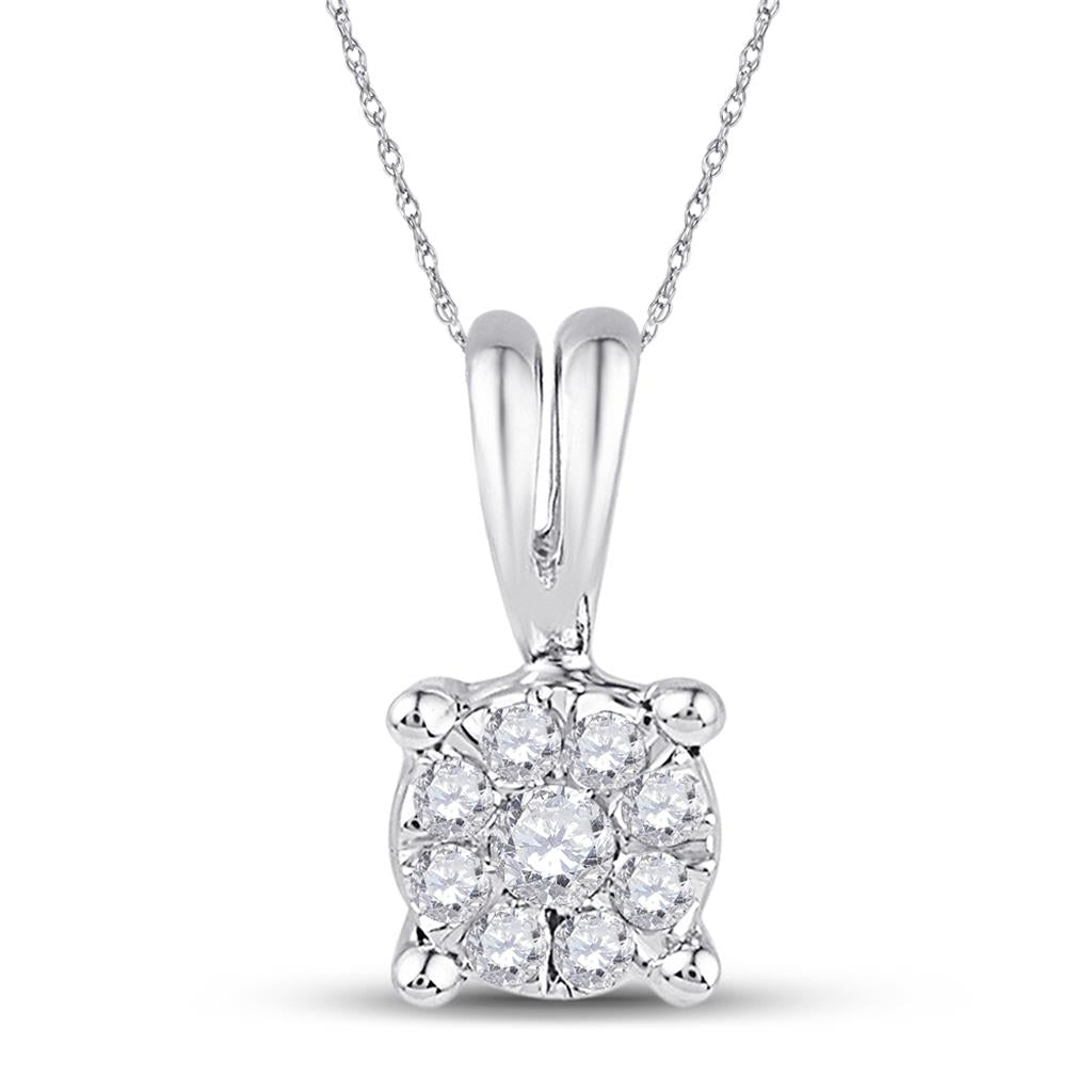 14k White Gold Round Diamond Cluster Pendant 1/12 Cttw