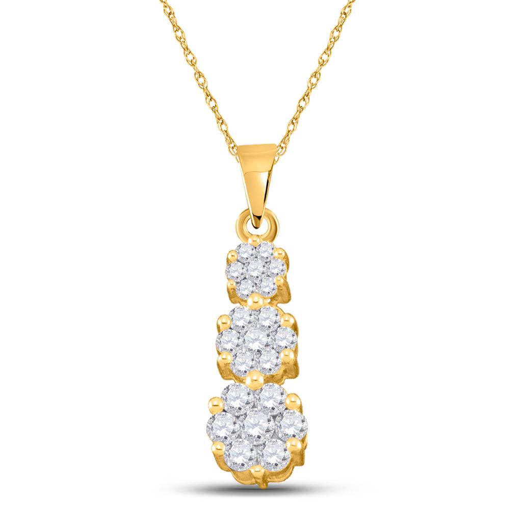 14k Yellow Gold Round Diamond Triple Trinity Cluster Pendant 1/4 Cttw