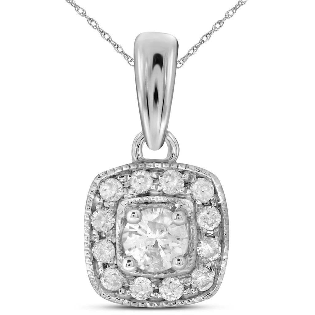 14kt White Gold Round Diamond Solitaire Square Halo Pendant 1/4 Cttw