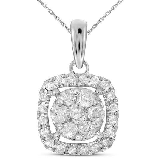 14k White Gold Round Diamond Square Cluster Pendant 1/4 Cttw