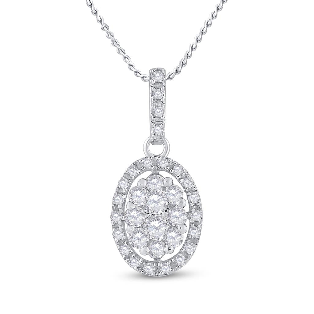 14k White Gold Round Diamond Oval Cluster Pendant 1/2 Cttw