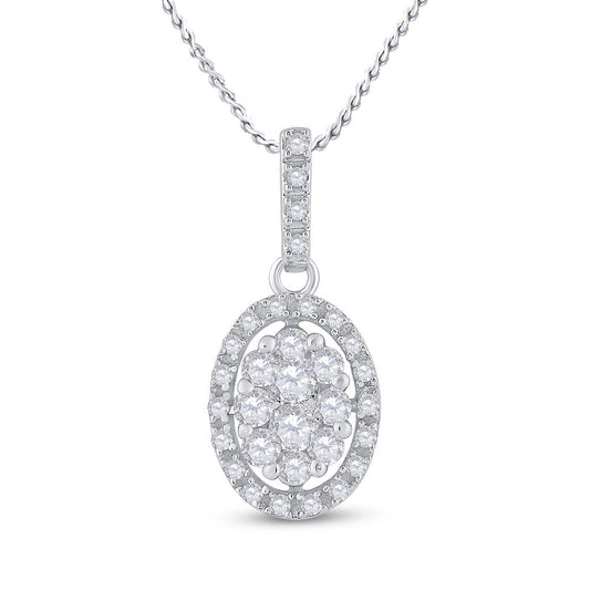 14k White Gold Round Diamond Oval Cluster Pendant 1/2 Cttw