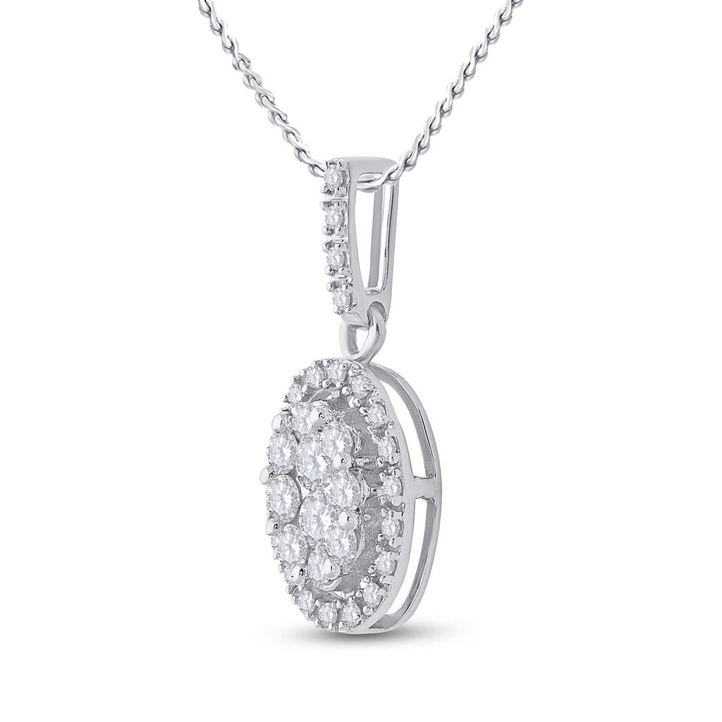 14k White Gold Round Diamond Oval Cluster Pendant 1/2 Cttw