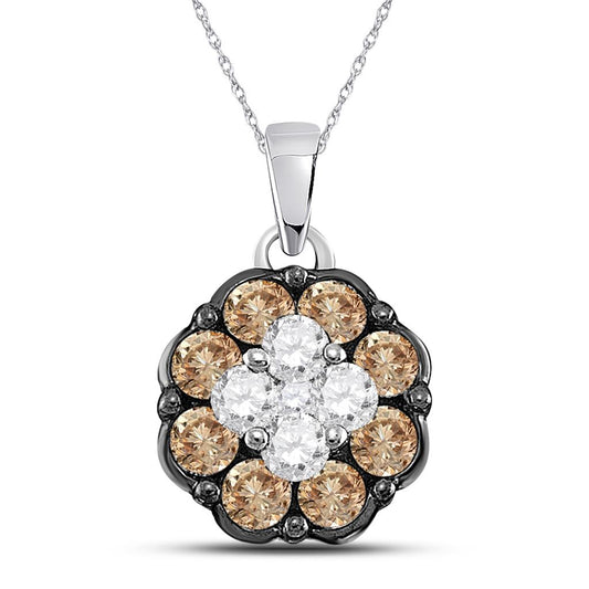 14k White Gold Round Brown Diamond Cluster Pendant 1/2 Cttw