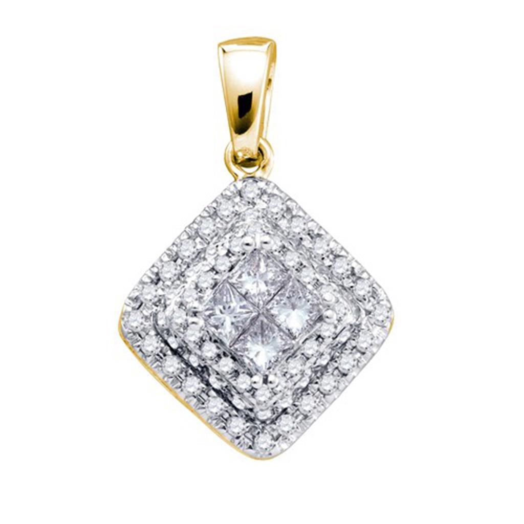 14k Yellow Gold Princess Diamond Square Frame Cluster Pendant 1/2 Cttw