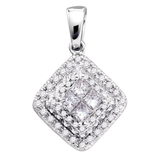 14k White Gold Princess Diamond Square Frame Cluster Pendant 1/2 Cttw