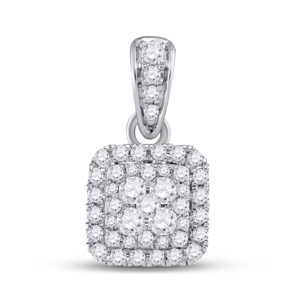 14k White Gold Round Diamond Square Cluster Pendant 1/2 Cttw