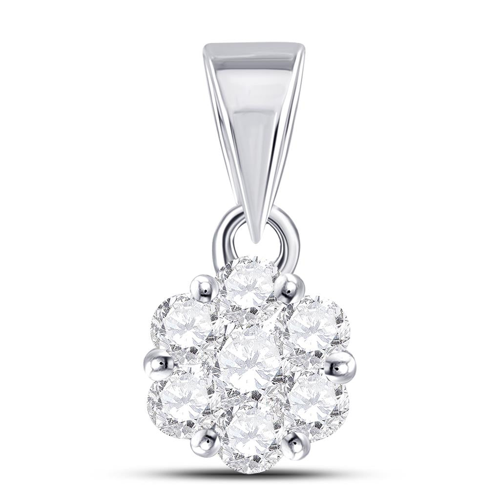 14kt White Gold Round Diamond Flower Cluster Pendant 1/3 Cttw