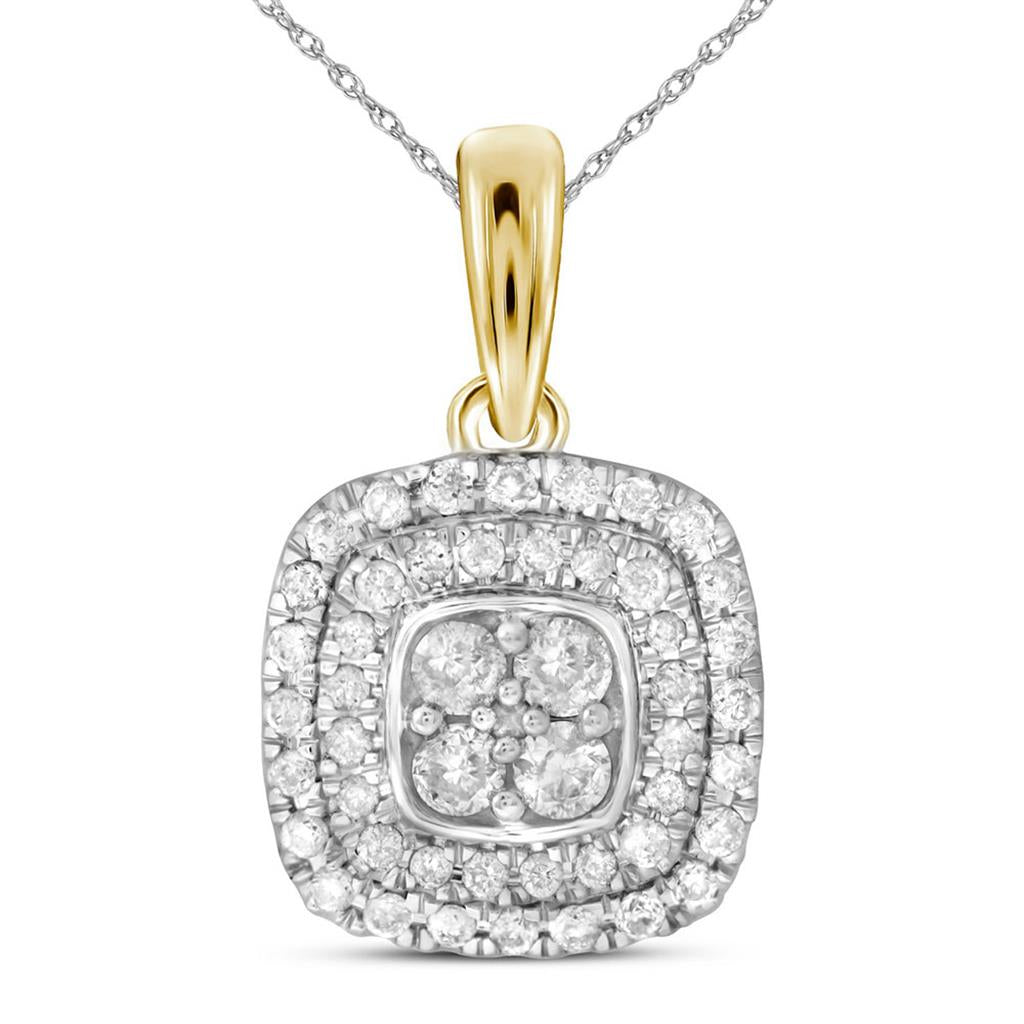 14k Yellow Gold Round Diamond Cushion Cluster Pendant 1/3 Cttw