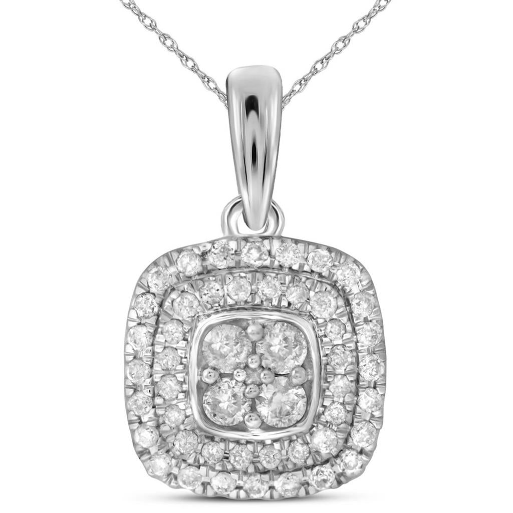 14k White Gold Round Diamond Square Cluster Pendant 1/3 Cttw