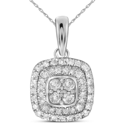 14k White Gold Round Diamond Square Cluster Pendant 1/3 Cttw