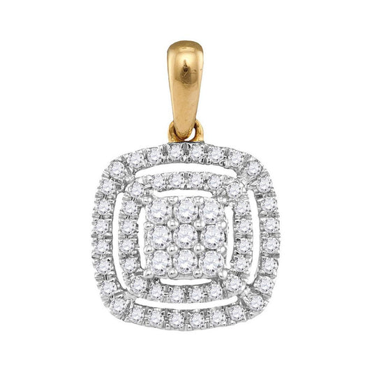 14k Yellow Gold Round Diamond Concentric Square Cluster Pendant 1/3 Cttw