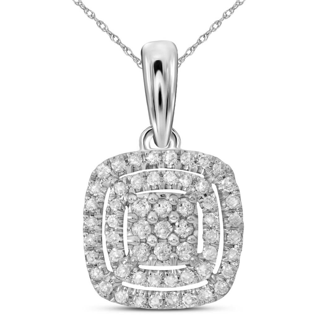 14k White Gold Round Diamond Cushion Cluster Pendant 1/3 Cttw