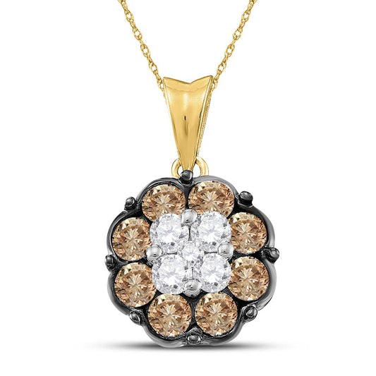 14k Yellow Gold Round Brown Diamond Cluster Pendant 1 Cttw